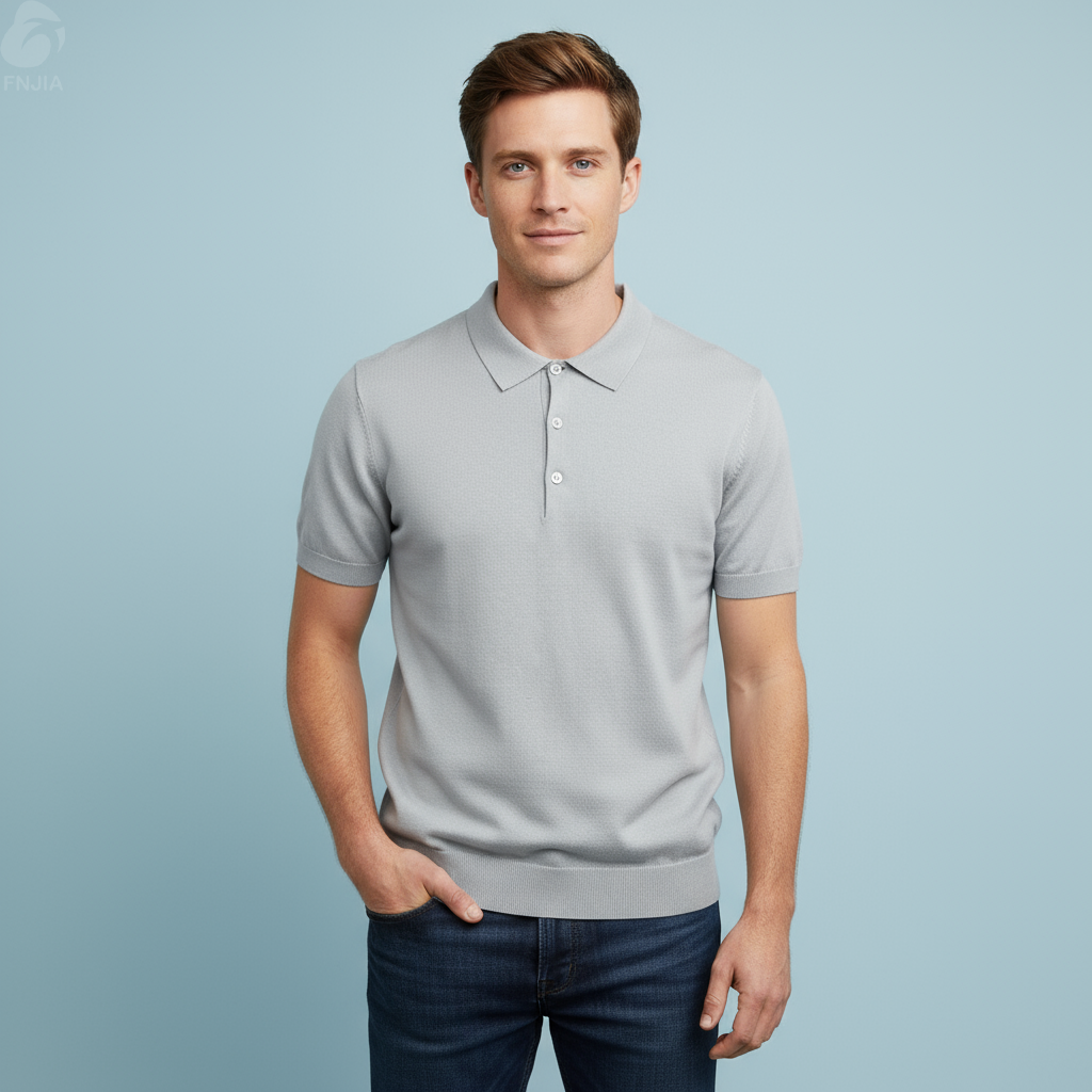 Мужское светло-серое поло из тонкого трикотажа в рубчик-FNJIA Custom Apparel Service