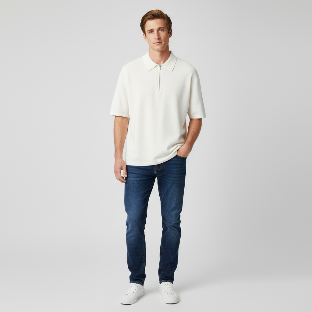 Мужская трикотажная рубашка поло цвета слоновой кости на молнии до половины длины - индивидуальный минималистский дизайн и свободный крой