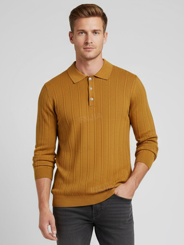Мужская горчично-желтая рубашка-поло из вертикального трикотажа в рубчик с нестандартными рукавами и планкой