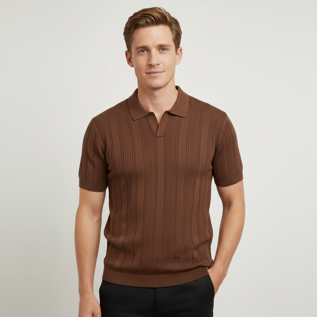 Мужская трикотажная рубашка поло в вертикальную полоску с рисунком каштаново-коричневого цвета, выполненная из текстурированного переплетения на заказ