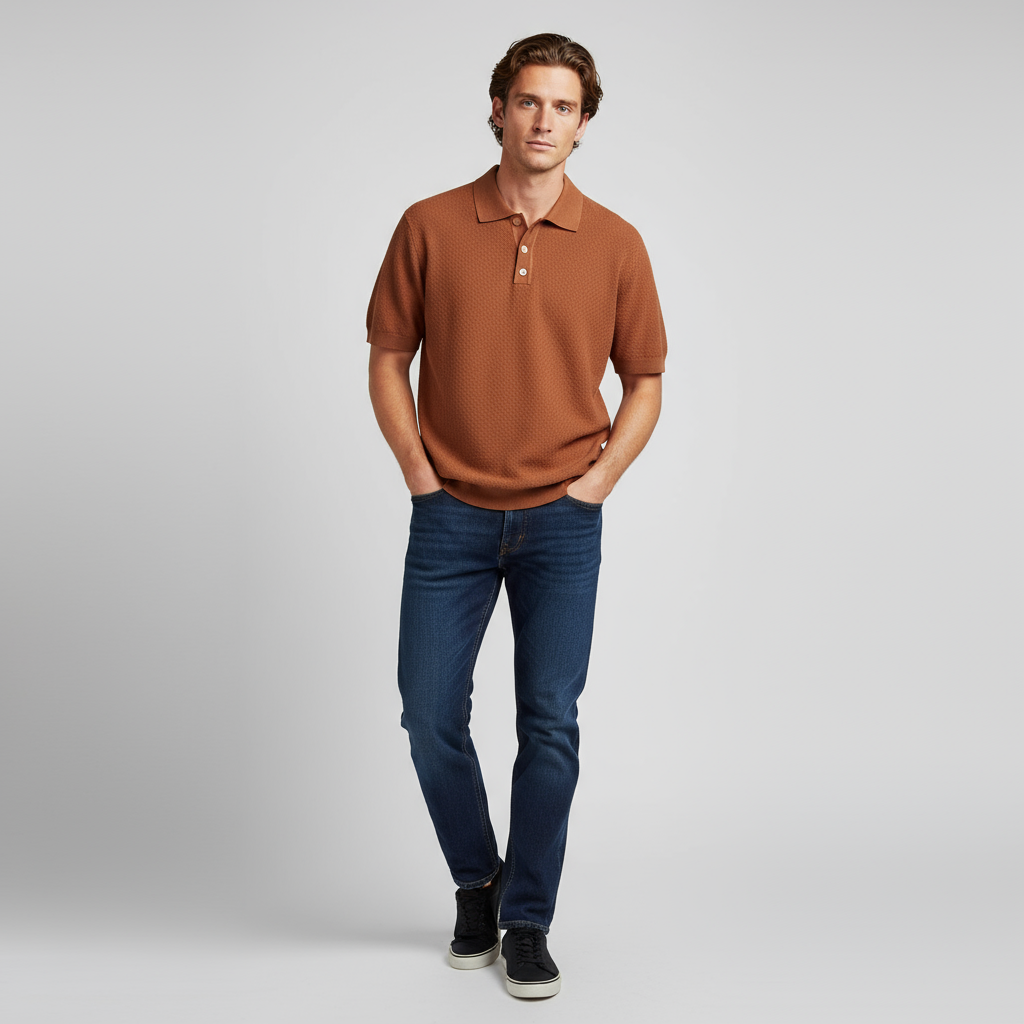Мужская рубашка поло из вафельного трикотажа цвета жженого апельсина - Ткань и покрой на заказ