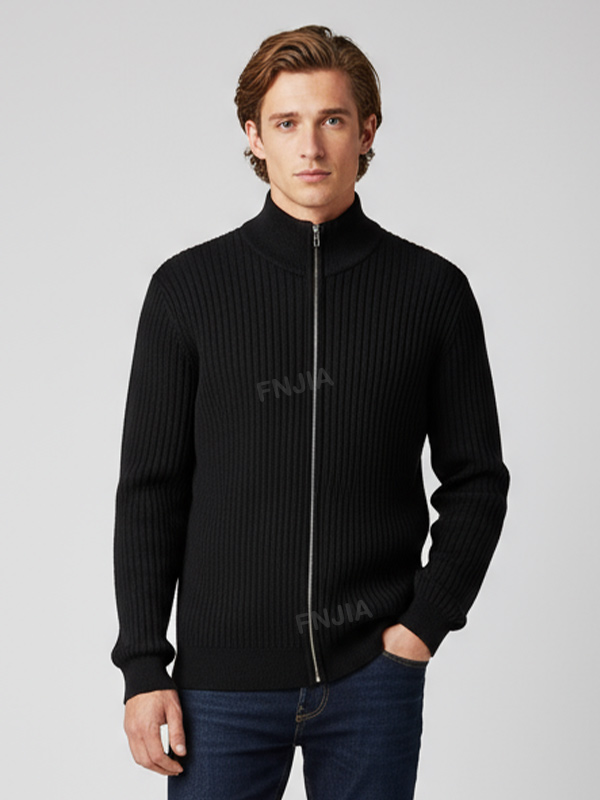 Мужская черная водолазка на молнии с высоким воротом из трикотажа в рубчик - индивидуальный приталенный дизайн