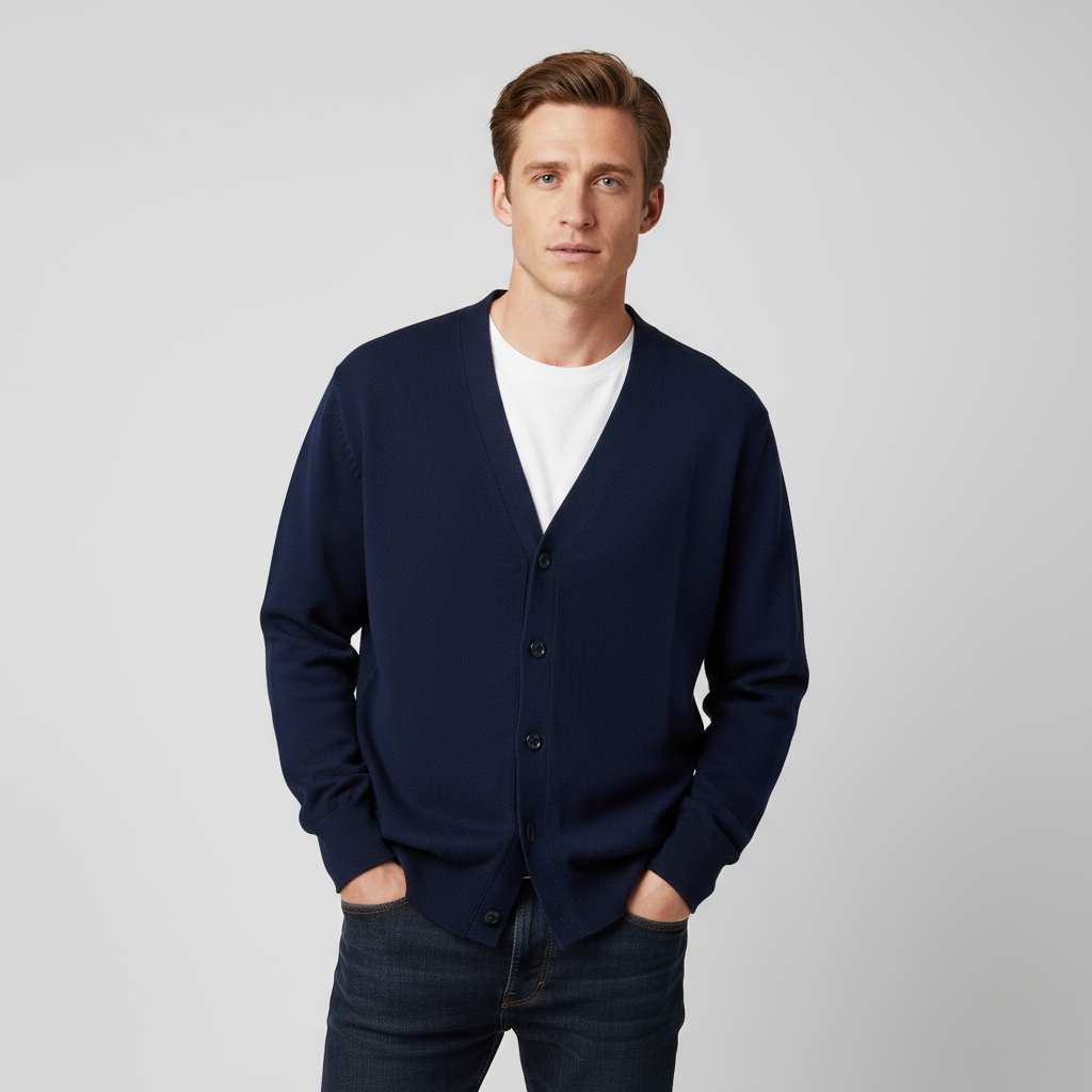 Мужской темно-синий вязаный кардиган с V-образным вырезом - Индивидуальный дизайн свободного кроя