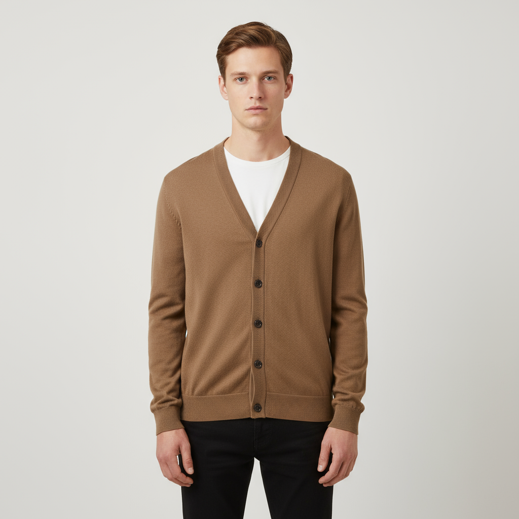 Мужской вязаный кардиган коричневого цвета с V-образным вырезом и контрастными пуговицами на заказ