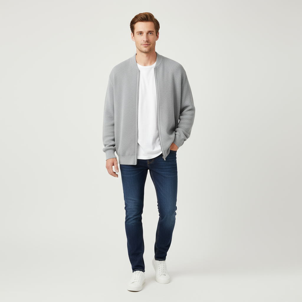 Мужская светло-серая куртка-бомбер из трикотажа в рубчик с застежкой на молнию и непринужденным кроем