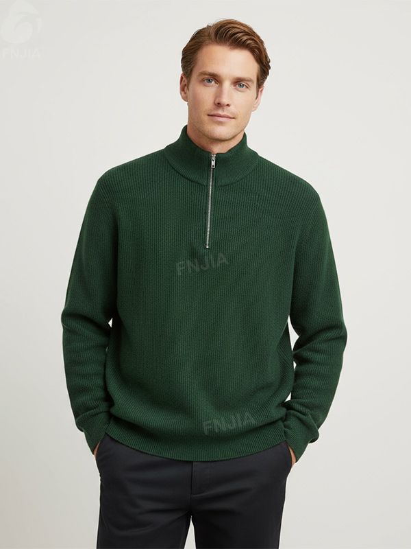 Мужской свитер с застежкой-молнией в рубчик темно-зеленого цвета - Индивидуальный дизайн свободного кроя