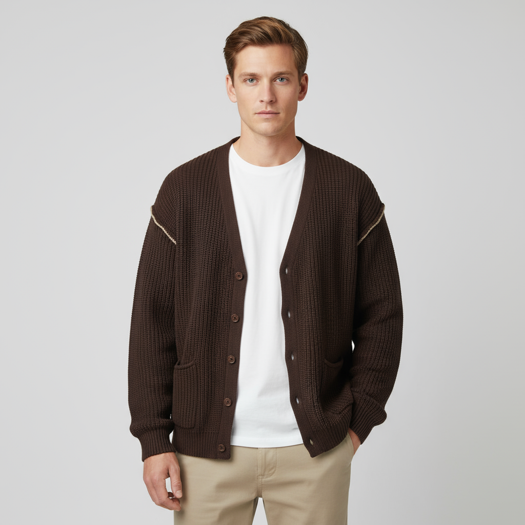 Мужской кардиган шоколадно-коричневого цвета из трикотажа в рубчик с V-образным вырезом и контрастной строчкой на заказ