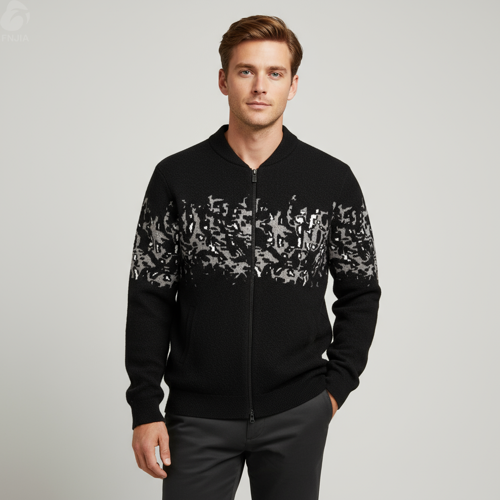 Мужская вязаная куртка-бомбер с абстрактным рисунком черного и серебристого цветов, застегивающаяся на молнию по индивидуальному заказу