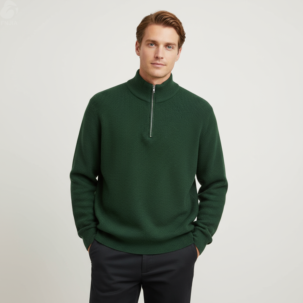 Мужской свитер с застежкой-молнией в рубчик темно-зеленого цвета - Индивидуальный дизайн свободного кроя