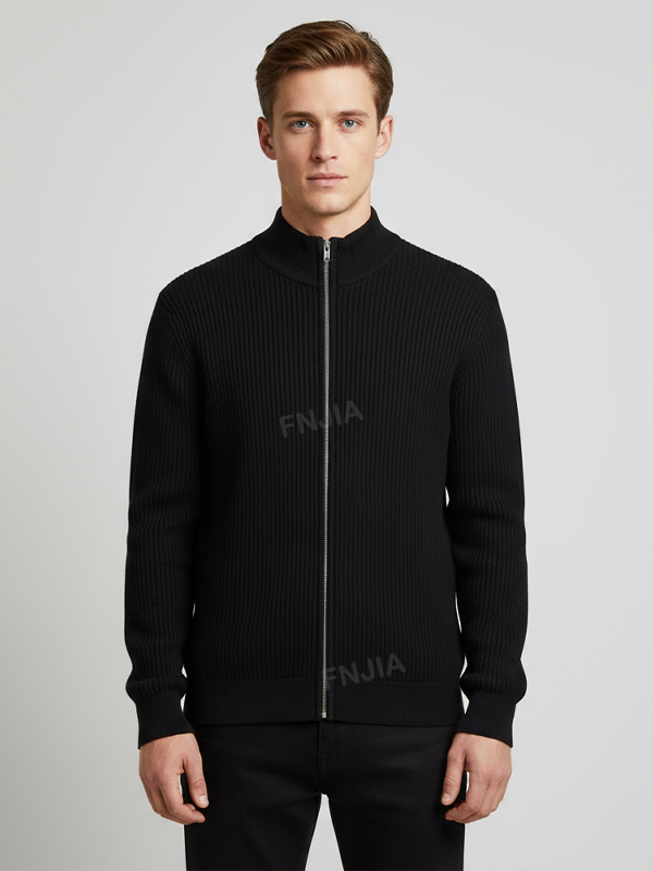 Мужская черная куртка из трикотажа в рубчик с воротником-стойкой на молнии - Индивидуальный приталенный дизайн