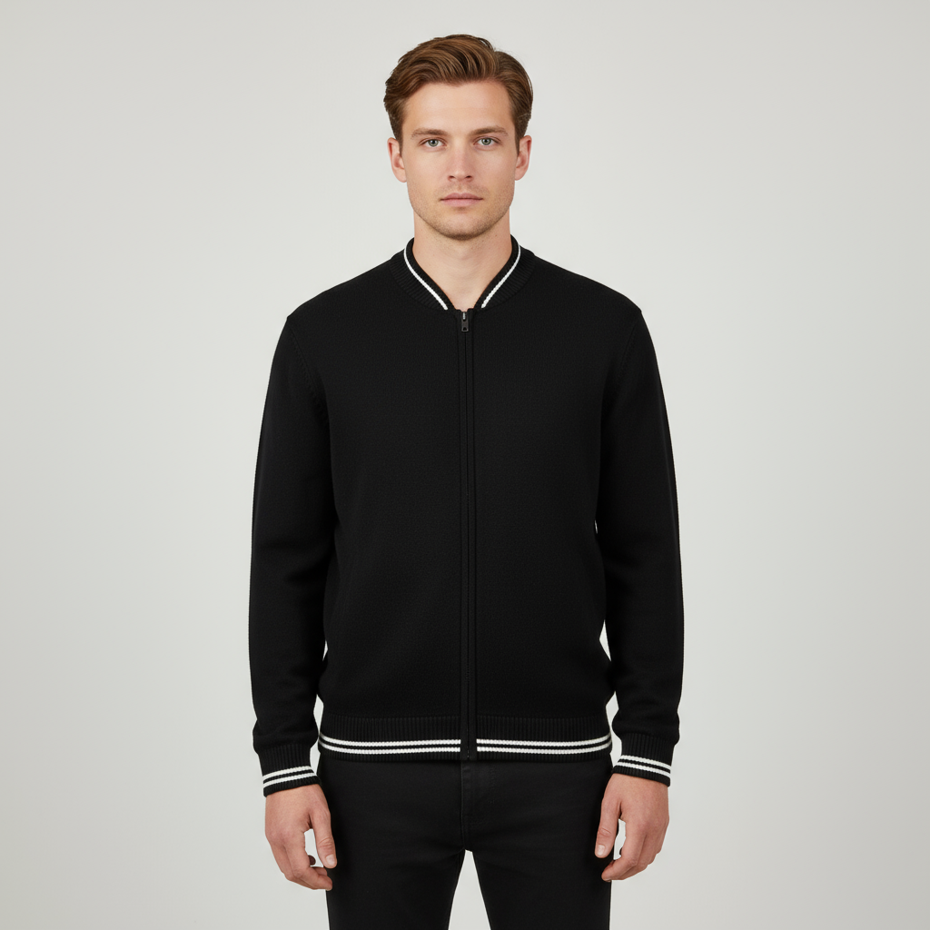 Мужская черная трикотажная куртка-бомбер с нестандартной отделкой в полоску