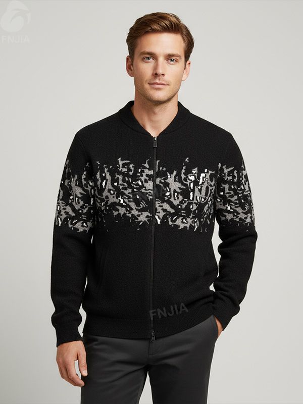 Мужская вязаная куртка-бомбер с абстрактным рисунком черного и серебристого цветов, застегивающаяся на молнию по индивидуальному заказу