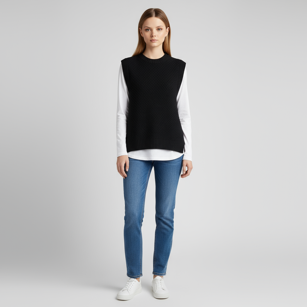 Женский вязаный жилет с круглым вырезом и текстурой черного цвета - индивидуальный многослойный универсальный дизайн