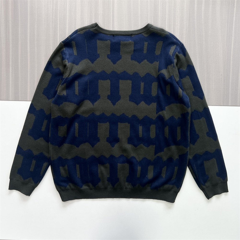 Мужской вязаный свитер темно-синего и оливкового цветов с графическим принтом персонажей - Индивидуальный дизайн оверсайз