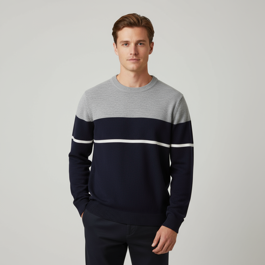 Мужской вязаный свитер с круглым вырезом в серую и темно-синюю полоску - Индивидуальный дизайн свободного кроя