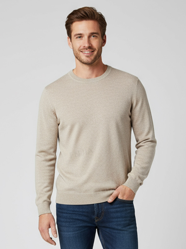 Мужской бежевый минималистичный вязаный свитер с круглым вырезом - Лаконичный дизайн на заказ