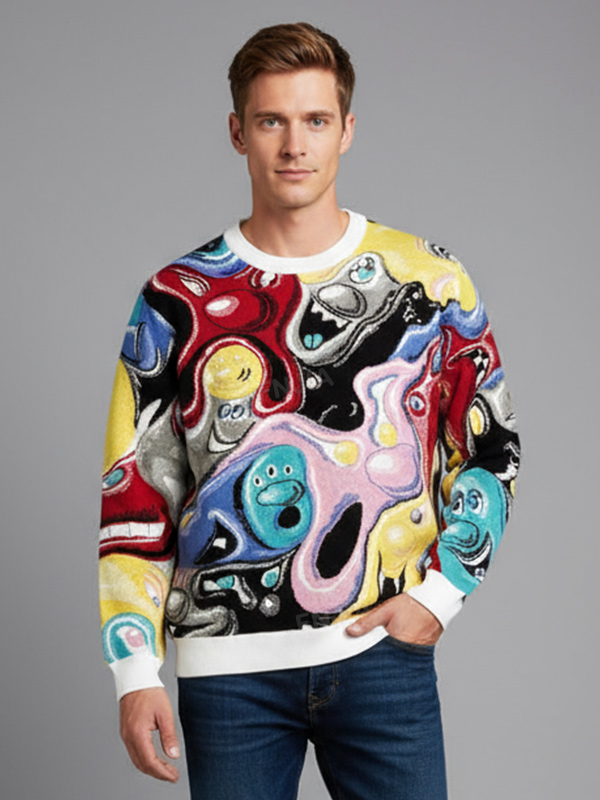 Мужской свитер с круглым вырезом и ярким абстрактным принтом в виде персонажей - Индивидуальный авангардный дизайн
