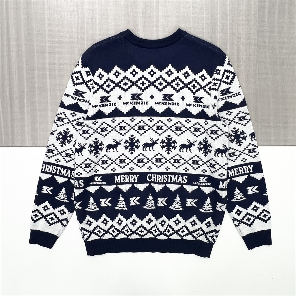 Мужской вязаный свитер Christmas Fair Isle темно-синего и белого цвета с мотивами "СЧАСТЛИВОГО РОЖДЕСТВА" - индивидуальный праздничный дизайн