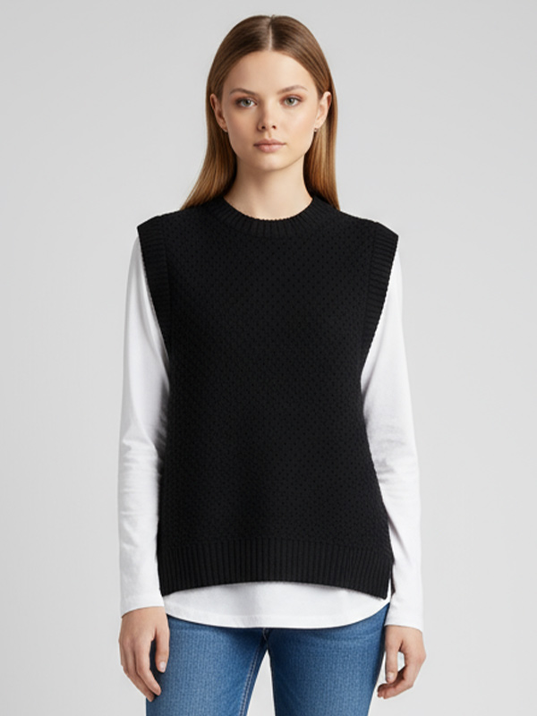 Женский вязаный жилет с круглым вырезом и текстурой черного цвета - индивидуальный многослойный универсальный дизайн