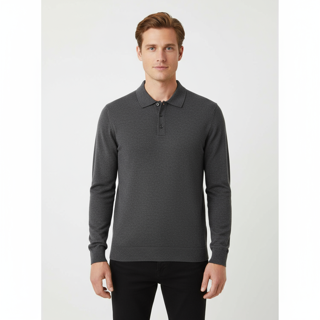 Мужской вязаный свитер поло цвета древесного угля - индивидуальный дизайн, облегающий фигуру