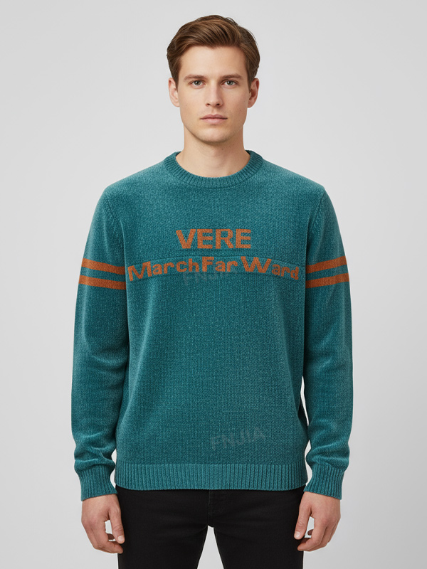 Мужской вязаный свитер с круглым вырезом в бирюзово-ржавых тонах с графическим рисунком - Индивидуальный дизайн