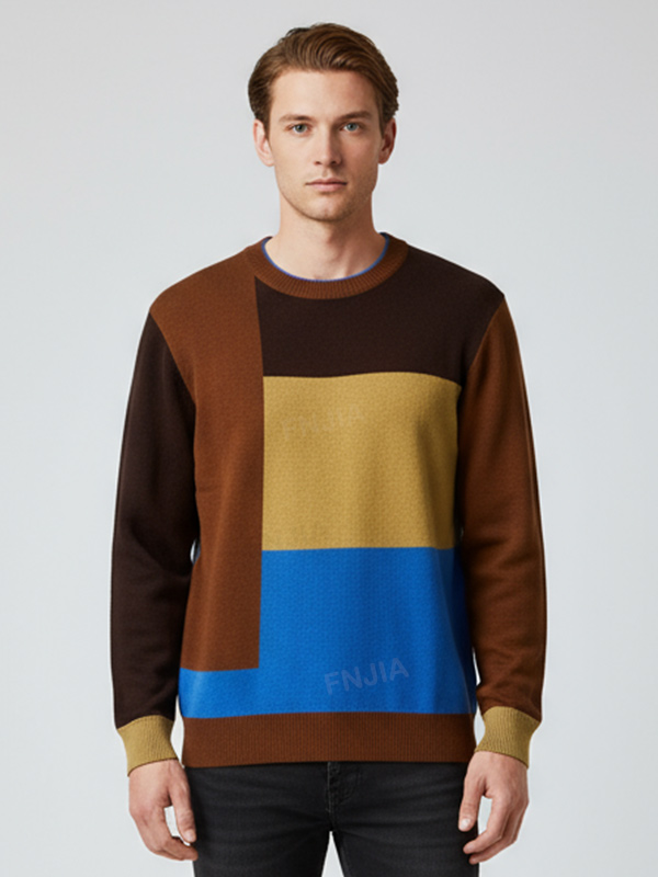 Мужской вязаный свитер с круглым вырезом в клетку в естественных и синих тонах - Индивидуальный дизайн свободного кроя