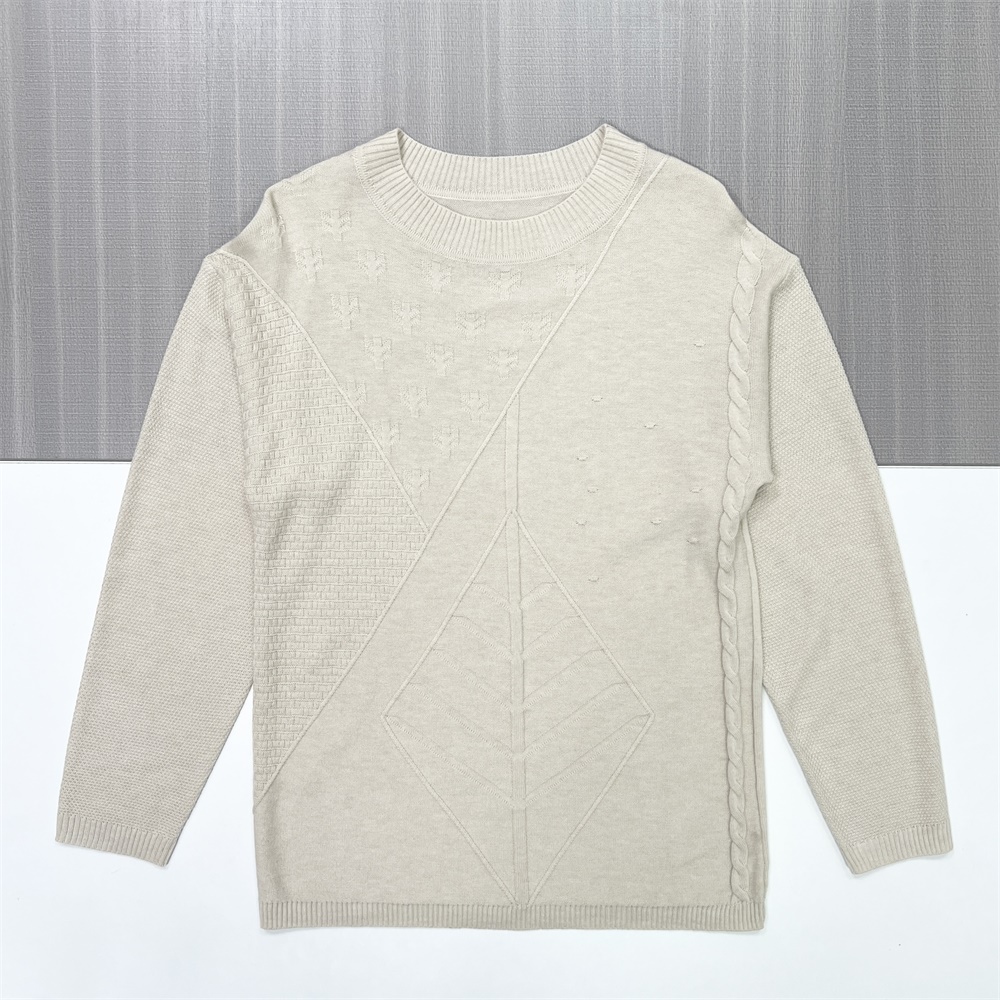 Мужской вязаный свитер с круглым вырезом и текстурой овсяной каши с геометрическими строчками - Индивидуальный приталенный дизайн