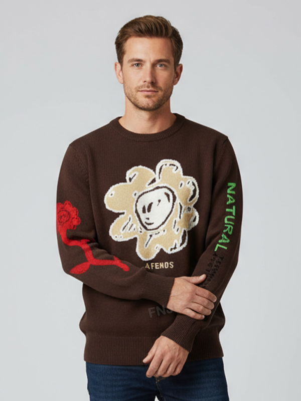 Мужской коричневый вязаный свитер с круглым вырезом и цветочными и текстовыми мотивами - Индивидуальный дизайн уличной одежды