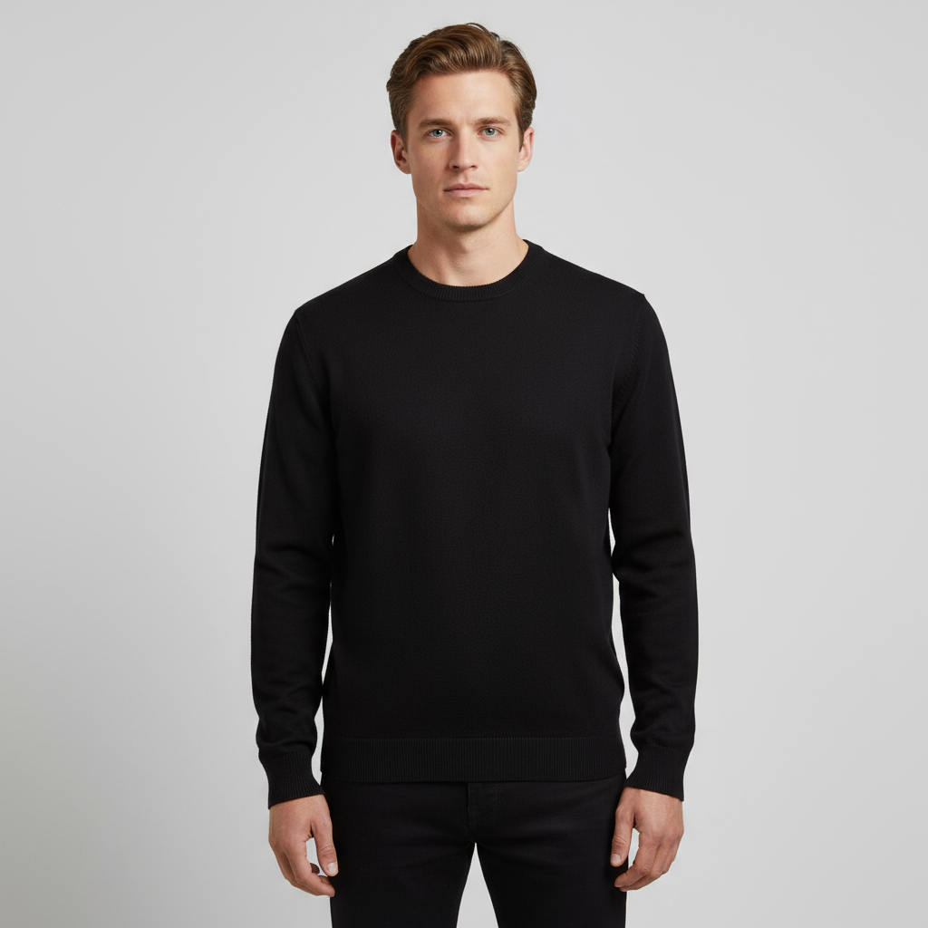 Мужской черный приталенный вязаный свитер с круглым вырезом - Индивидуальный минималистский дизайн