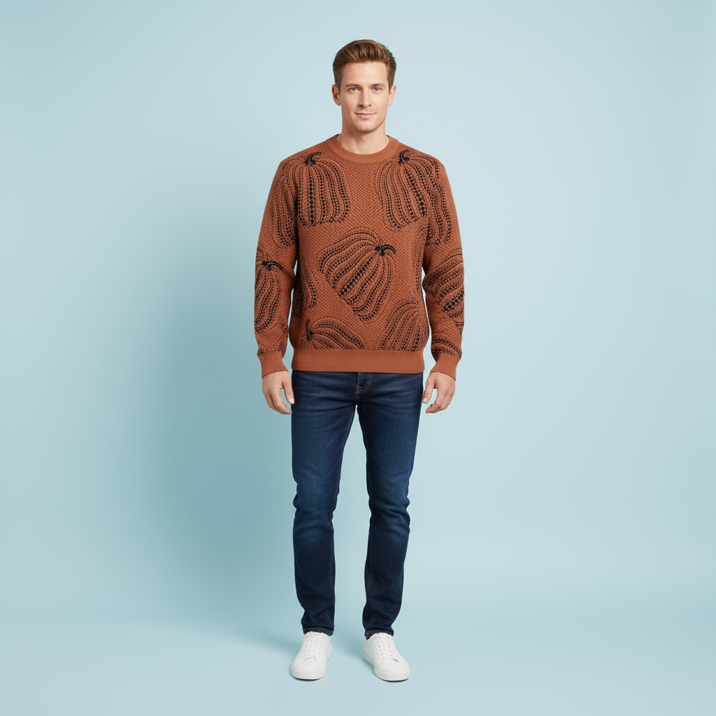 Мужской вязаный свитер с круглым вырезом и рисунком терракотовой тыквы - индивидуальный текстурированный дизайн