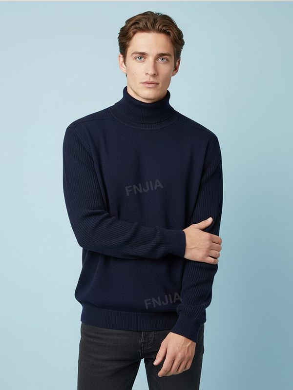 Мужской вязаный свитер с высоким воротом темно-синего цвета - индивидуальный приталенный дизайн