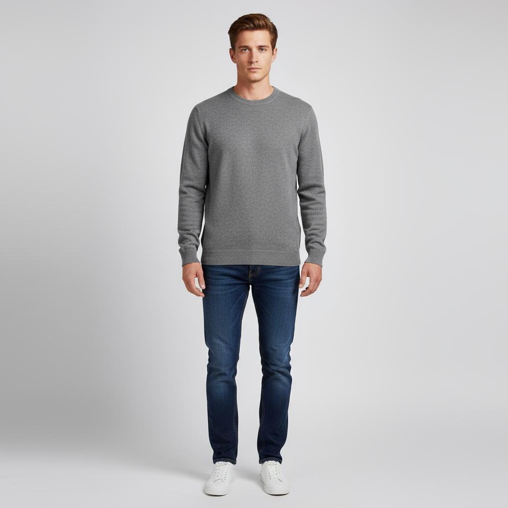 Мужской вязаный свитер с круглым вырезом, приталенный к телу, серого цвета - индивидуальный минималистский дизайн