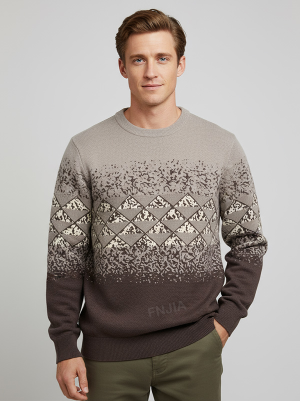 Мужской серо-коричневый вязаный свитер с круглым вырезом и рисунком Омбре - индивидуальный дизайн в стиле Аргайл и Спекл