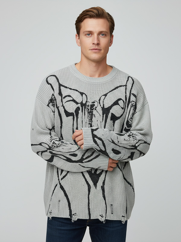 Мужской светло-серый вязаный свитер оверсайз с графическим рисунком - выполненный на заказ абстрактный арт-дизайн
