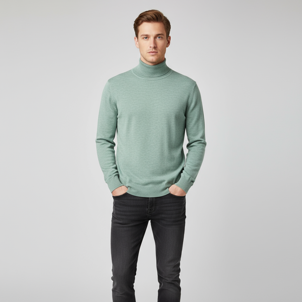 Мужской вязаный свитер-водолазка цвета шалфея с высоким воротом - Индивидуальный приталенный дизайн