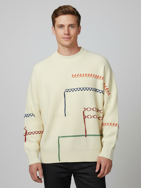 Мужской вязаный свитер оверсайз кремового цвета с яркими деталями в виде стежков - индивидуальный дизайн ручной работы