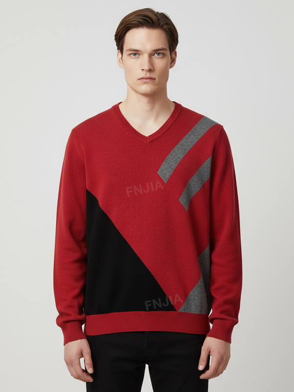 Мужской вязаный свитер бордового и черного/серого цветов с геометрическим рисунком и V-образным вырезом - Индивидуальный современный дизайн