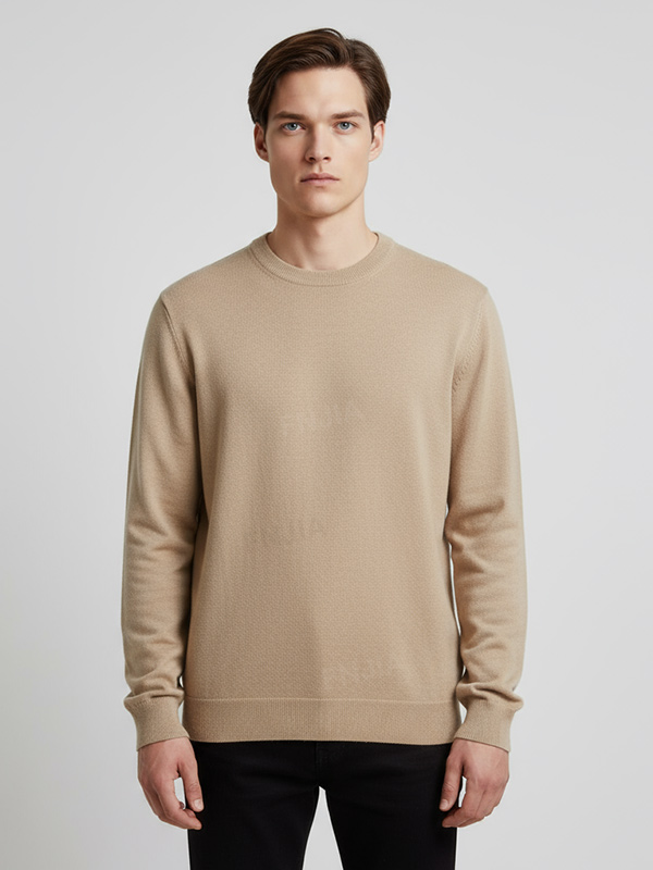 Мужской бежевый минималистичный вязаный свитер с круглым вырезом - Индивидуальный Универсальный дизайн