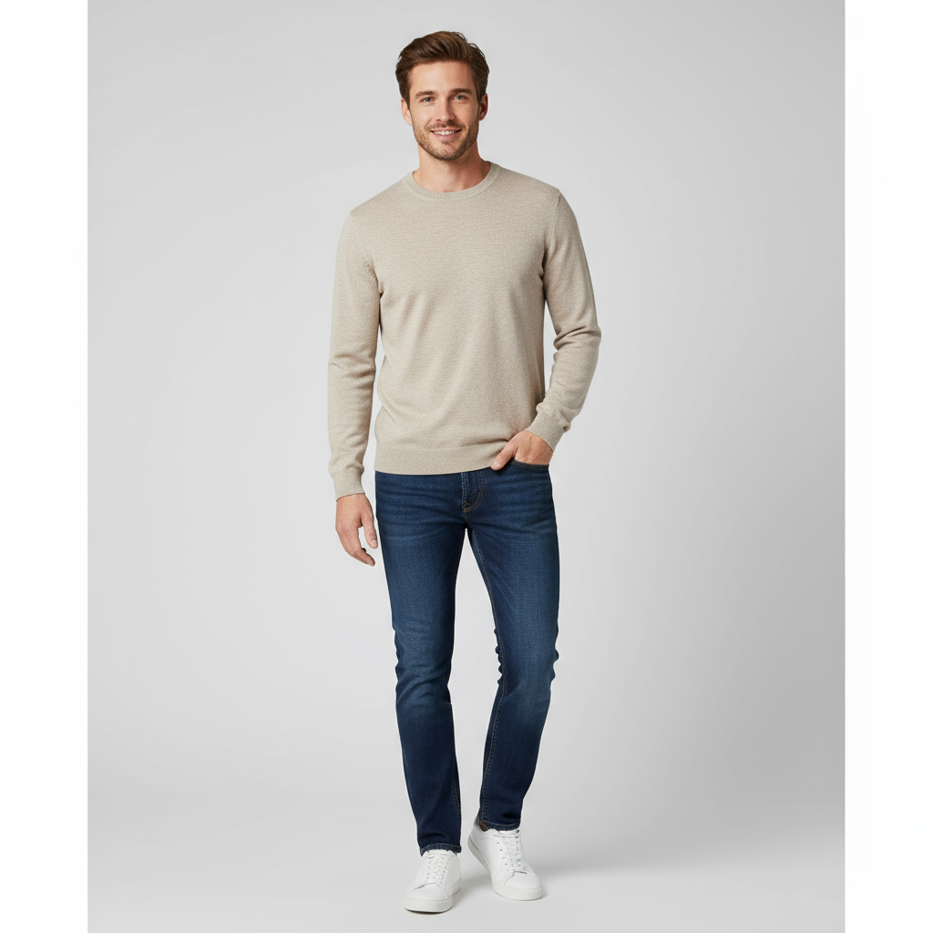 Мужской бежевый минималистичный вязаный свитер с круглым вырезом - Лаконичный дизайн на заказ