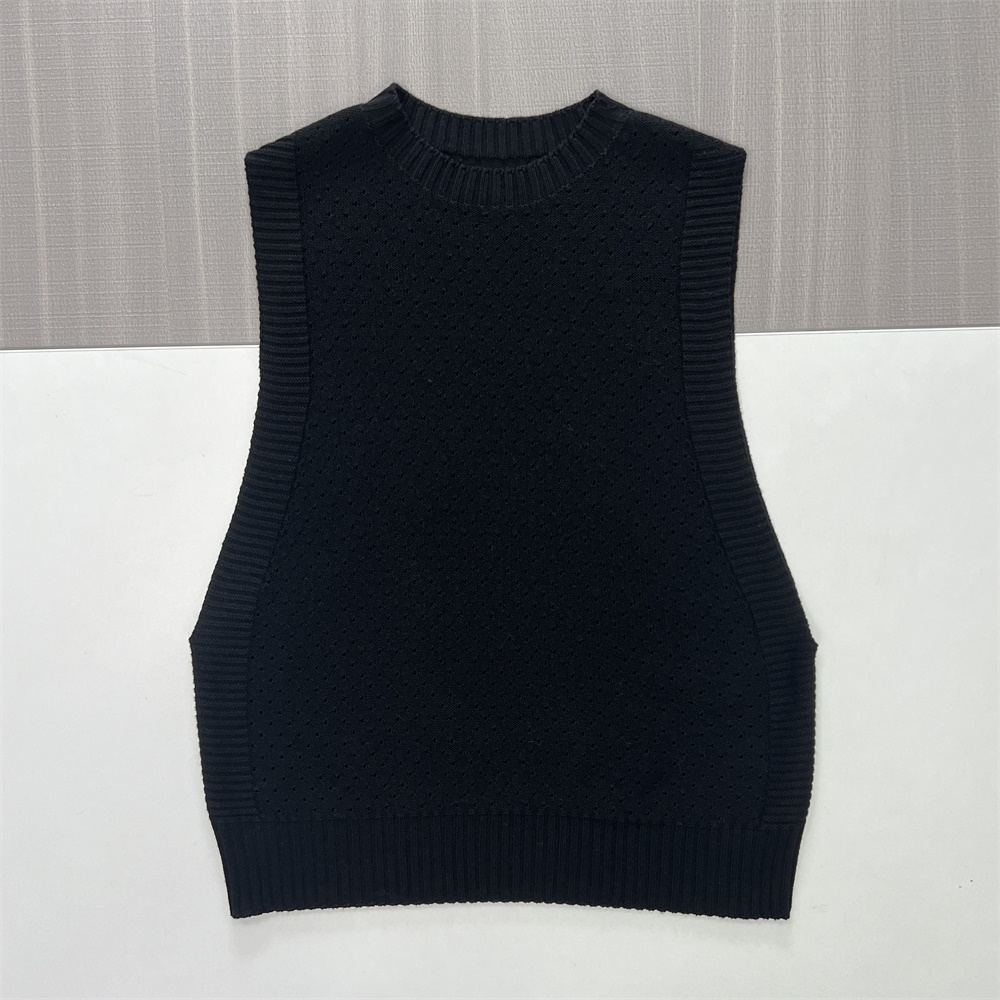 Женский вязаный жилет с круглым вырезом и текстурой черного цвета - индивидуальный многослойный универсальный дизайн