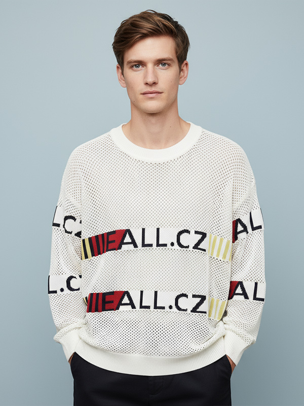 Мужской белый свитер сетчатой вязки с графическими полосками - Индивидуальный дизайн оверсайз