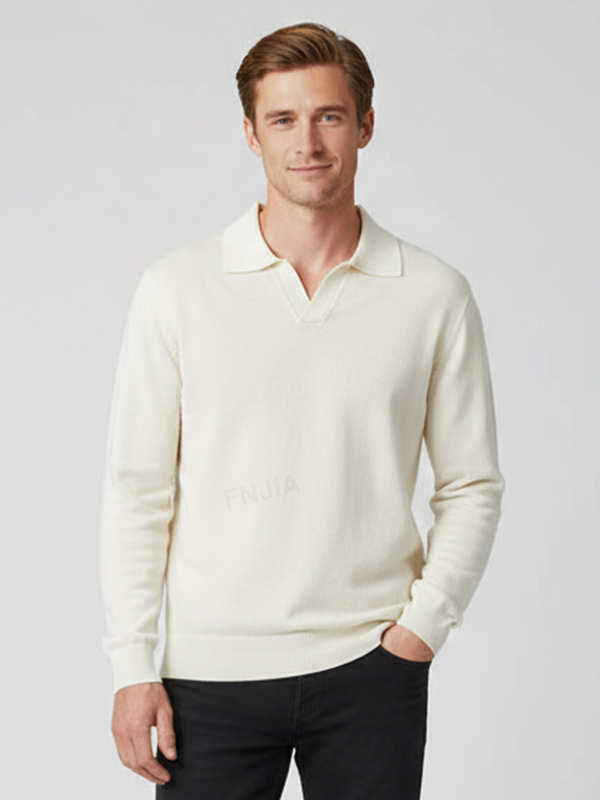 Мужской вязаный свитер поло цвета слоновой кости - Индивидуальный дизайн свободного кроя