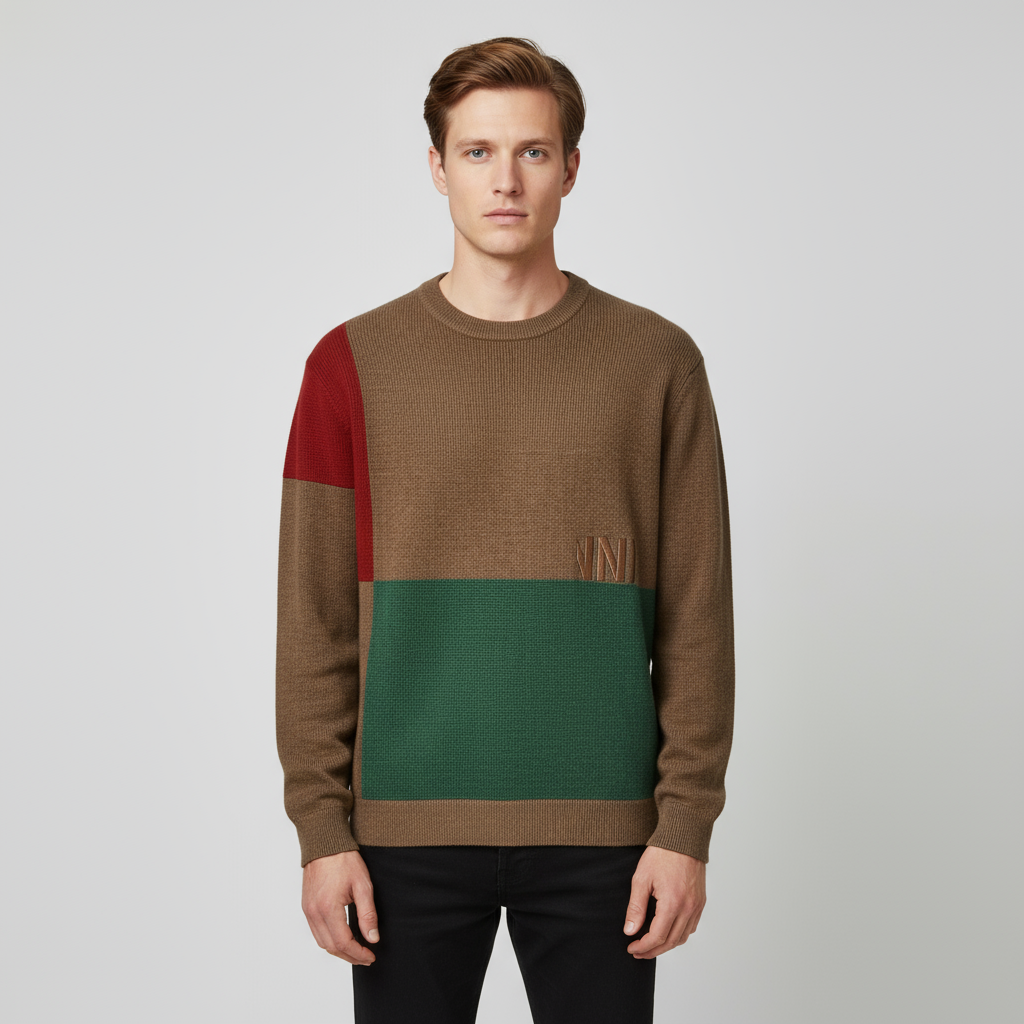 Мужской вязаный свитер верблюжьего цвета с круглым вырезом и эмблемой "VNI" - Индивидуальный дизайн свободного кроя