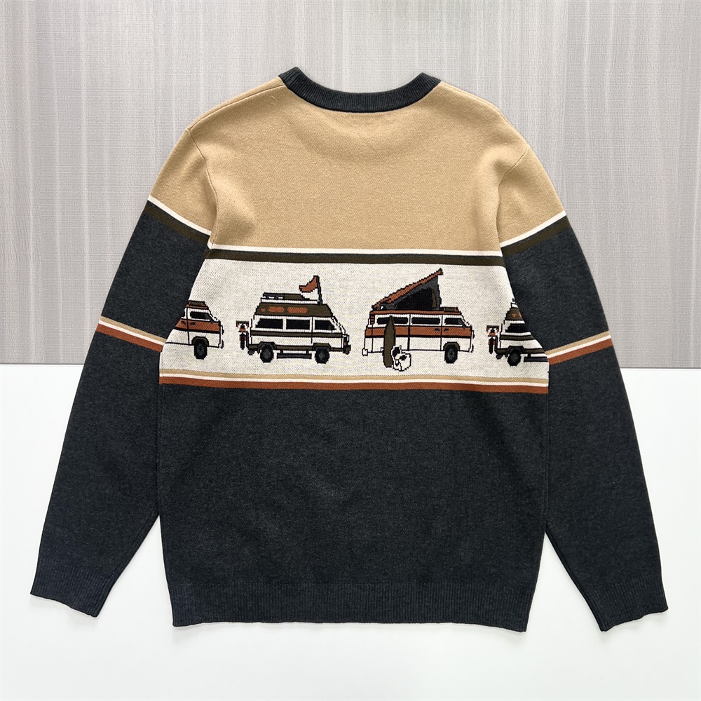 Мужской бежевый и угольный фургон-фургончик-Вязаный свитер с круглым вырезом и рисунком - Индивидуальный тематический дизайн