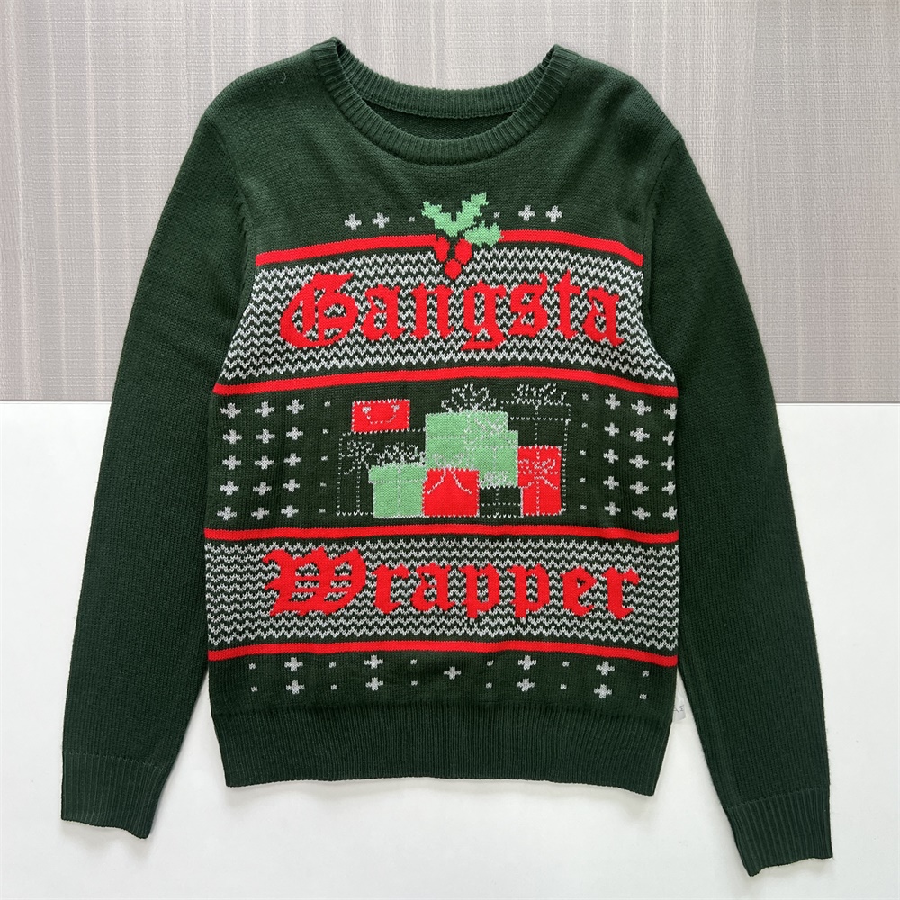 Мужской рождественский вязаный свитер "Гангста-обертка" цвета Форест Грин с юмором - Индивидуальный праздничный дизайн