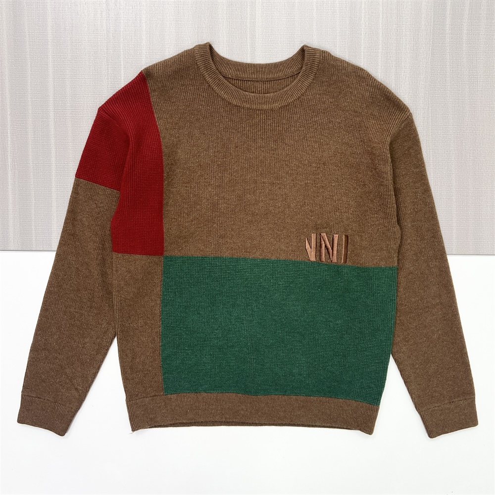 Мужской вязаный свитер верблюжьего цвета с круглым вырезом и эмблемой "VNI" - Индивидуальный дизайн свободного кроя
