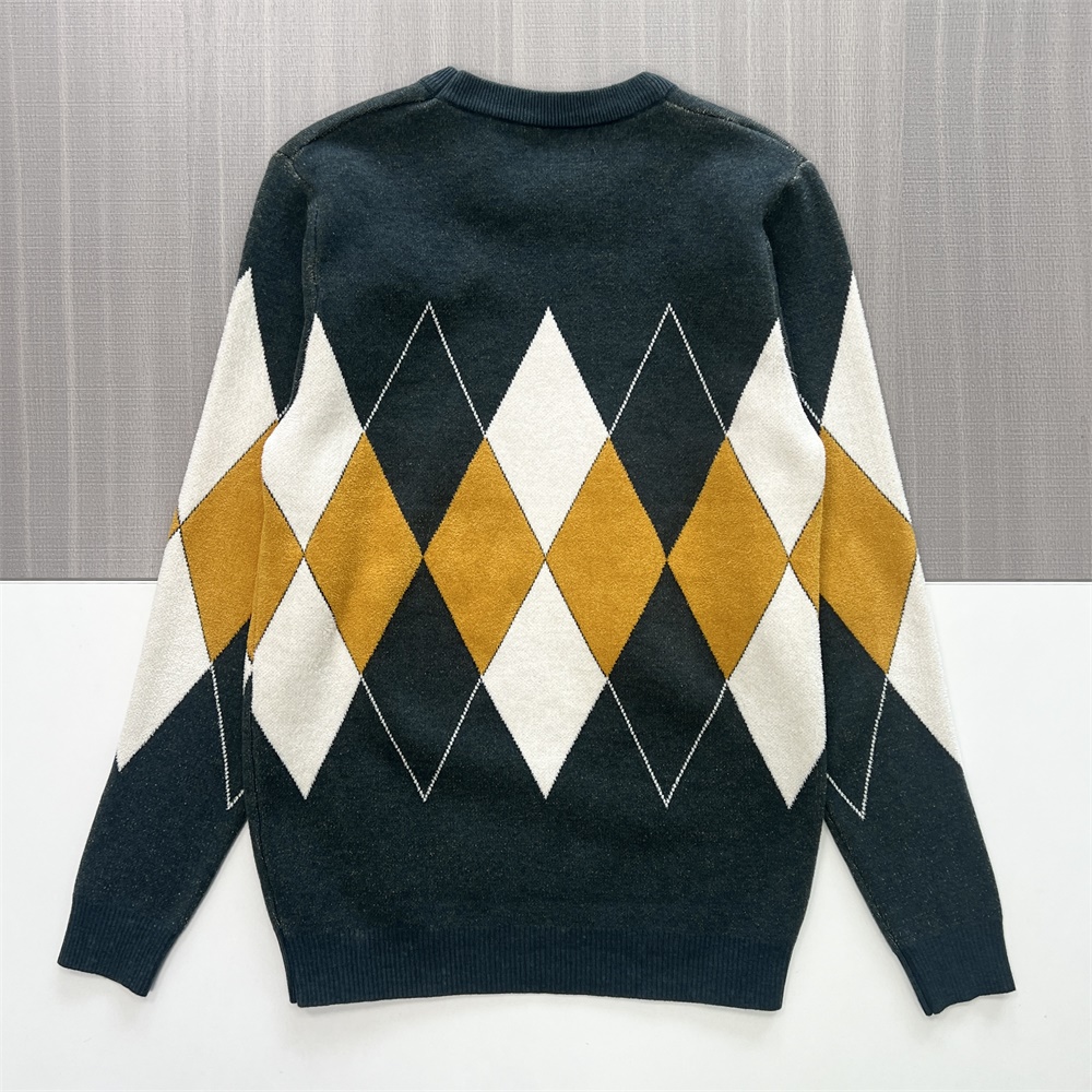 Мужской вязаный свитер с круглым вырезом и рисунком "Лесной зеленый и золотой Аргайл" - Классический дизайн на заказ