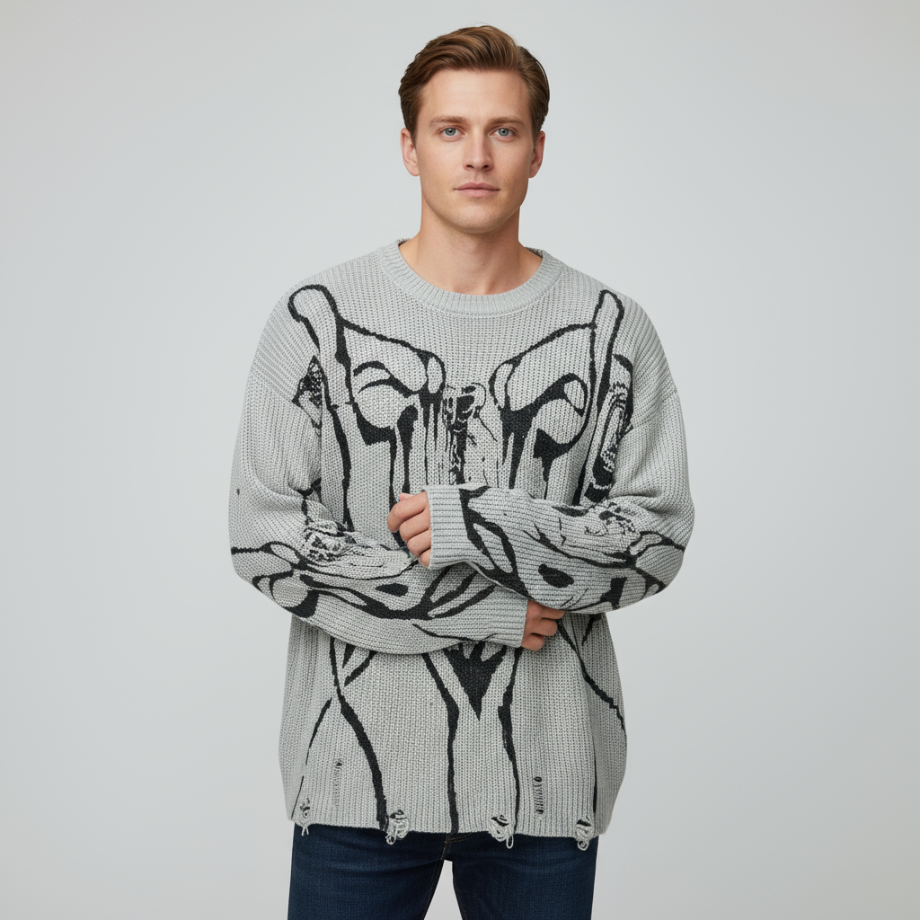 Мужской светло-серый вязаный свитер оверсайз с графическим рисунком - выполненный на заказ абстрактный арт-дизайн