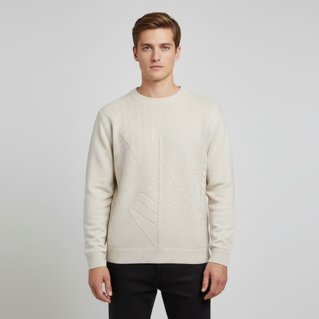 Мужской вязаный свитер с круглым вырезом и текстурой овсяной каши с геометрическими строчками - Индивидуальный приталенный дизайн