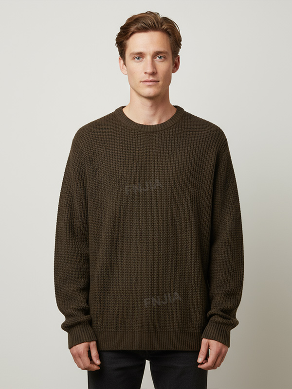 Мужской темно-оливковый вязаный свитер в рубчик с круглым вырезом - индивидуальный дизайн свободного кроя